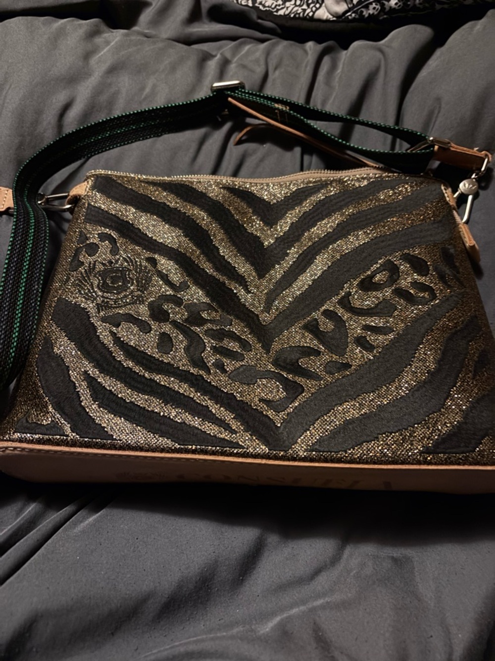 Consuela Black & Gold Zebra-Print Crossbody Bag